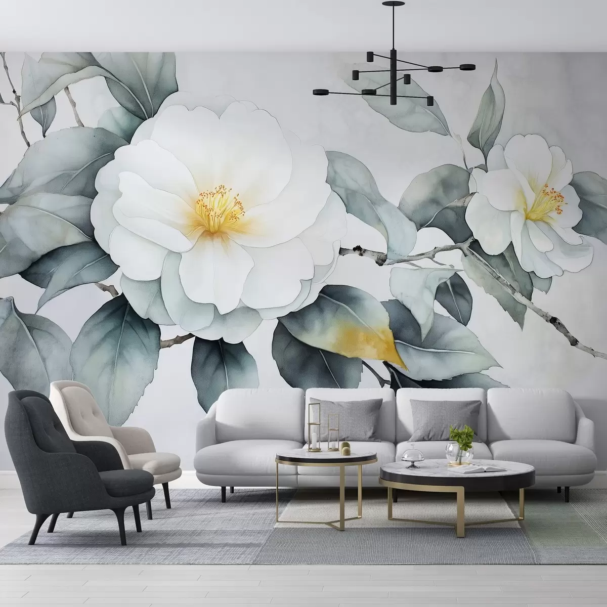 Fototapet Akvarelový styl květů kamélie na větvi, přírodní barvy w03761