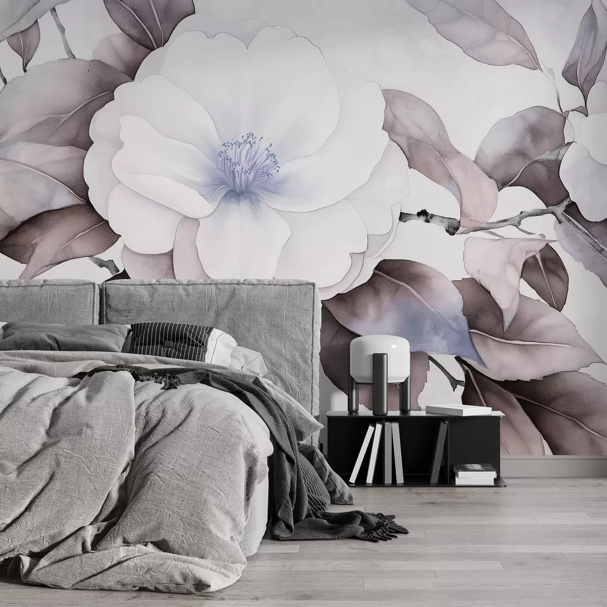 Fototapet Akvarelový styl květy kamélie na větvi, fialové barvy w03761v1