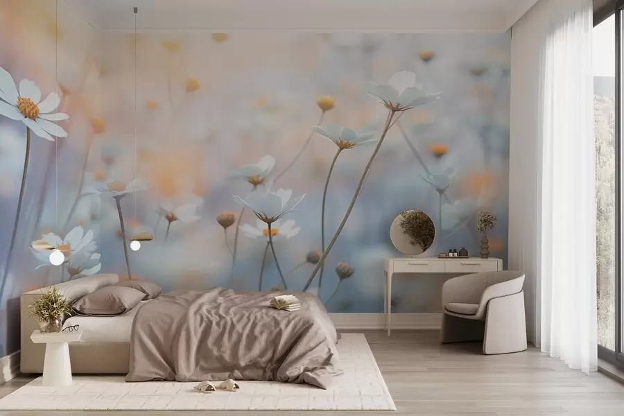 Fototapet Světle modré květy s teplým večerním světlem w03802