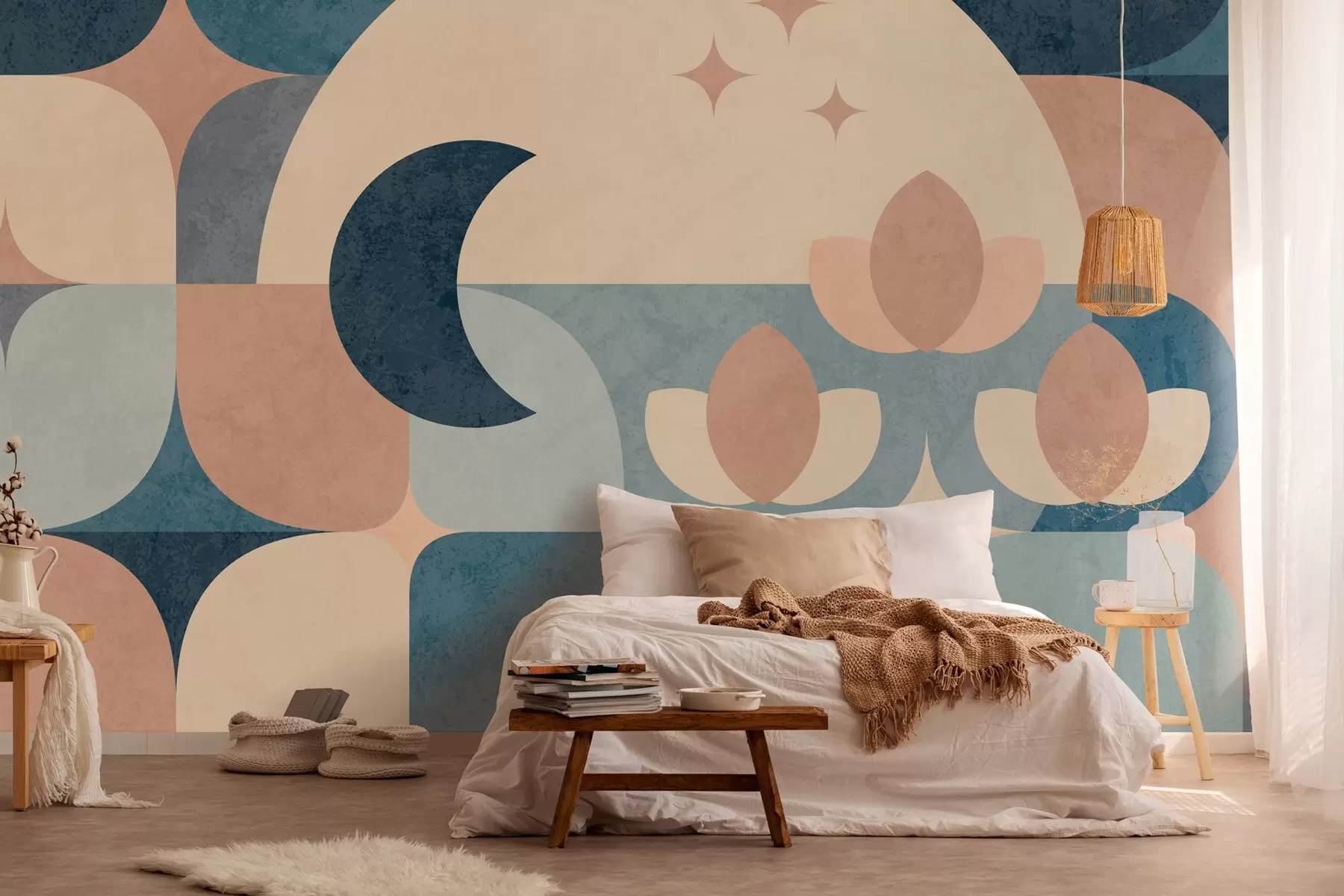 Fototapet geometrická abstrakce, kde se měkké tvary plynule prolínají se symboly měsíce, květin a hvězd. w03723