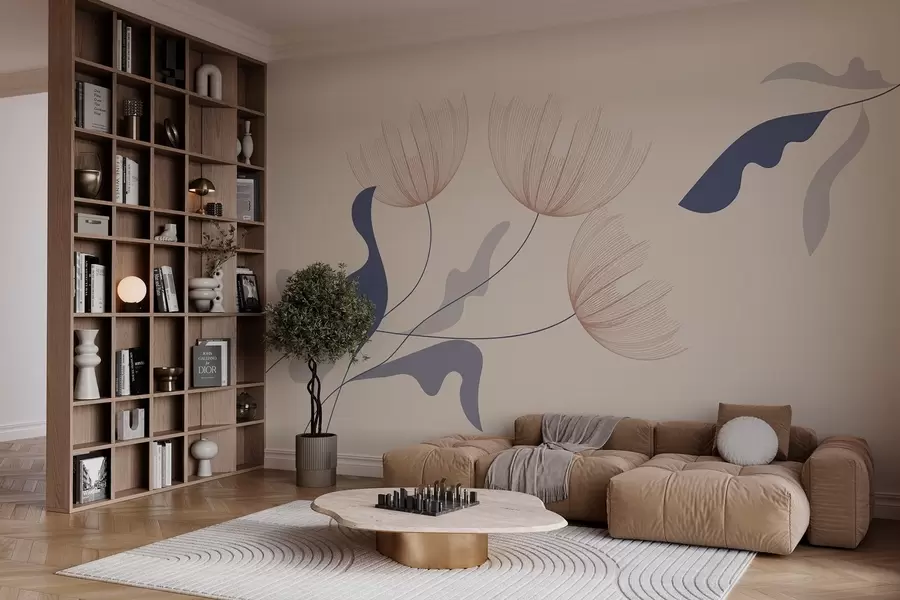 Fototapet elegantní minimalistické květiny v modrých tónech na béžovém pozadí w03763