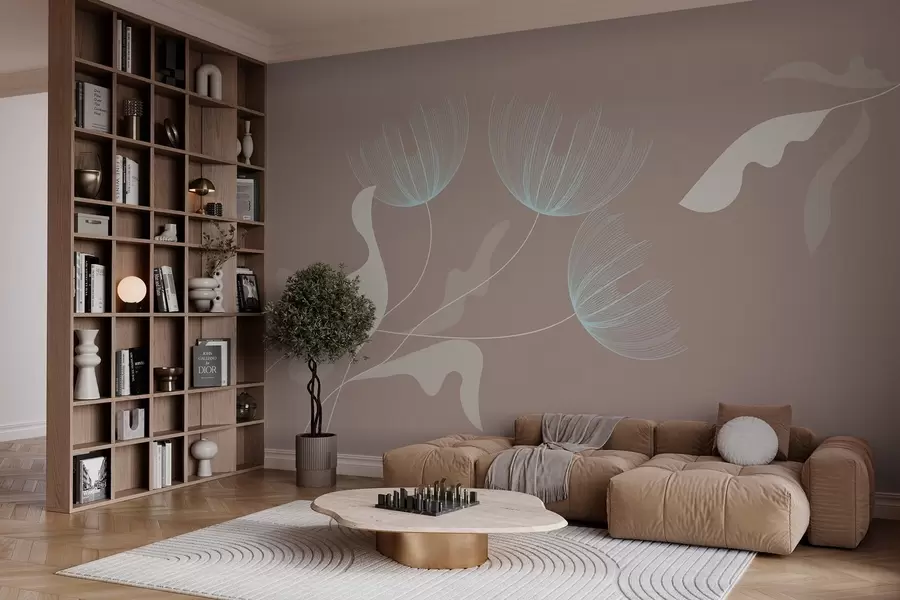 Fototapet elegantní minimalistické květiny v bílých a modrých tónech na moka pozadí w03763v3