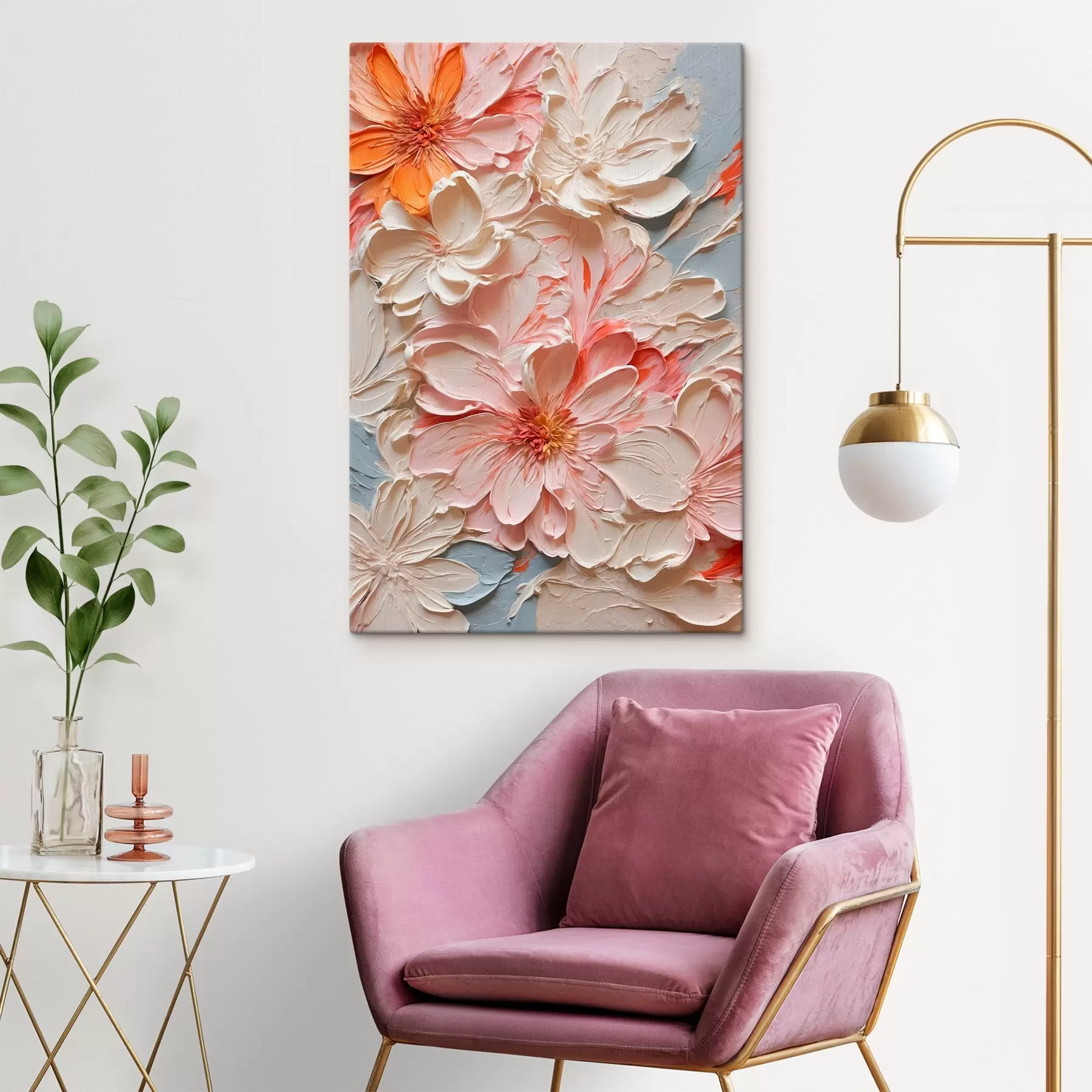 Fototapet Bílé a růžové květiny na modrém pozadí ve stylu olejomalby s44074