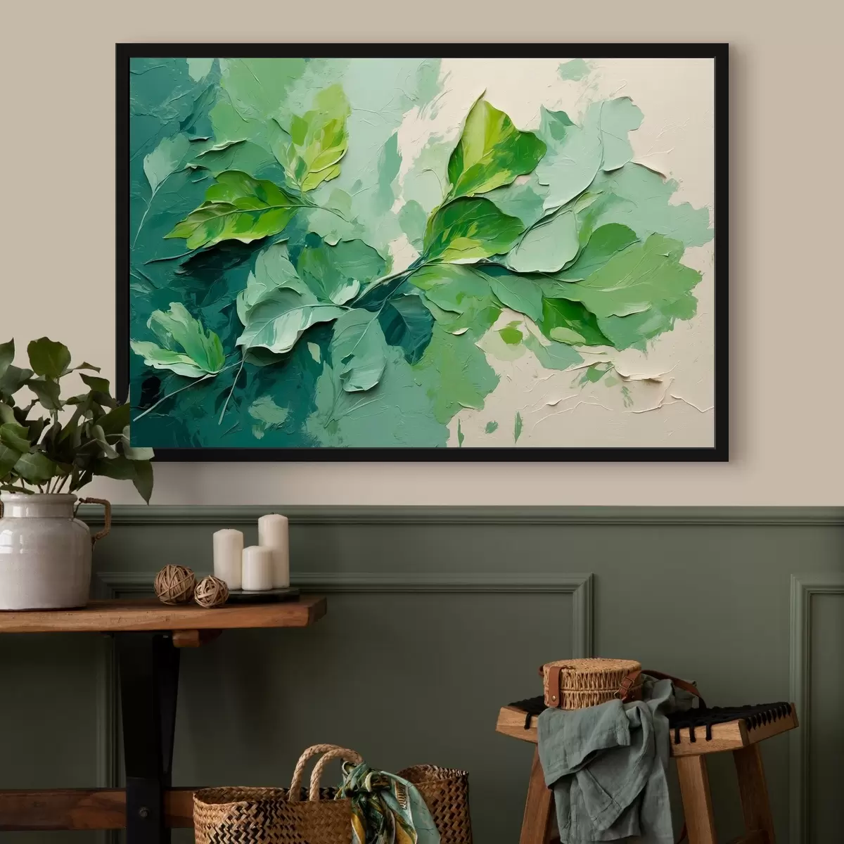 Poster Větev se zelenými listy ve stylu olejomalby f44075