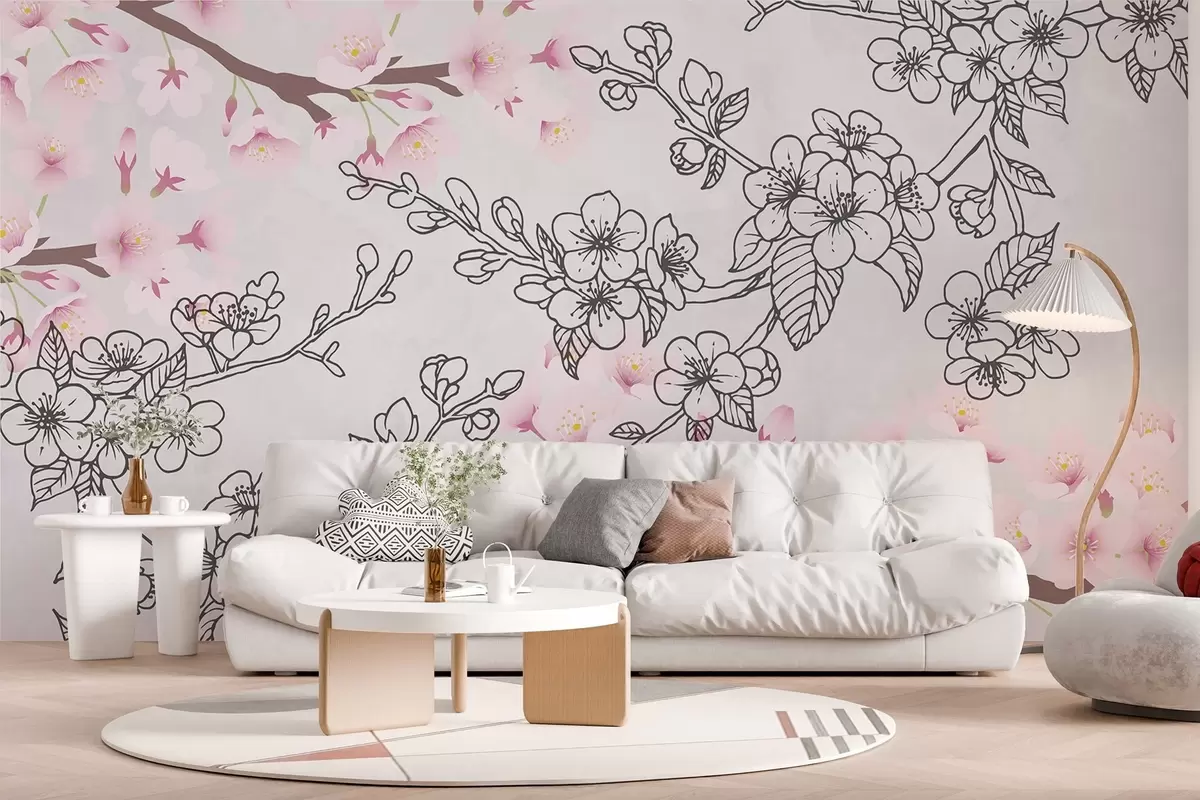 Fototapet Větve sakury nakreslené a vybarvené w03711