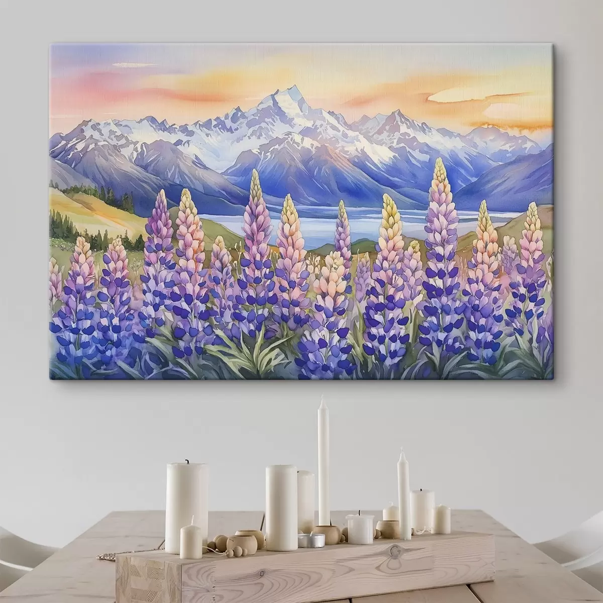 Obraz Lupinové květy, louka, hory, akvarel, obloha při západu slunce Č. s44146