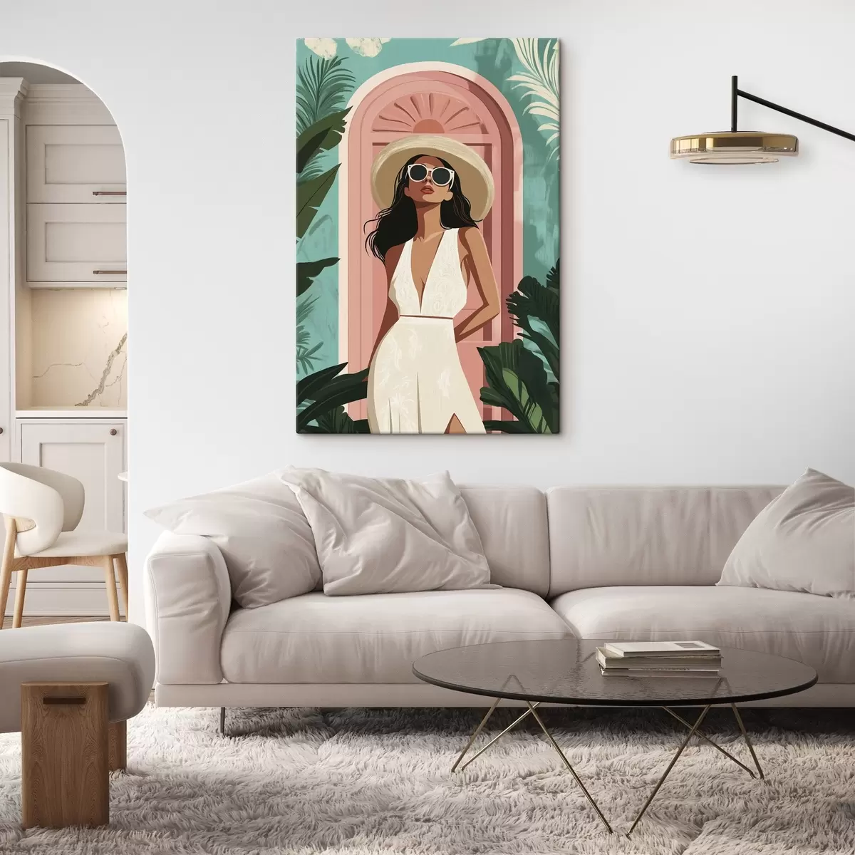 Obraz Žena ve slunečních brýlích a klobouku, tropická příroda, architektura  Č. s44152
