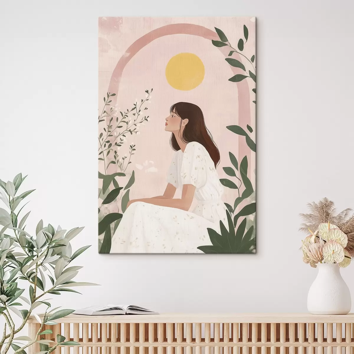 Obraz Krásná žena v tropické zahradě, slunce, pastelové barvy Č. s44155