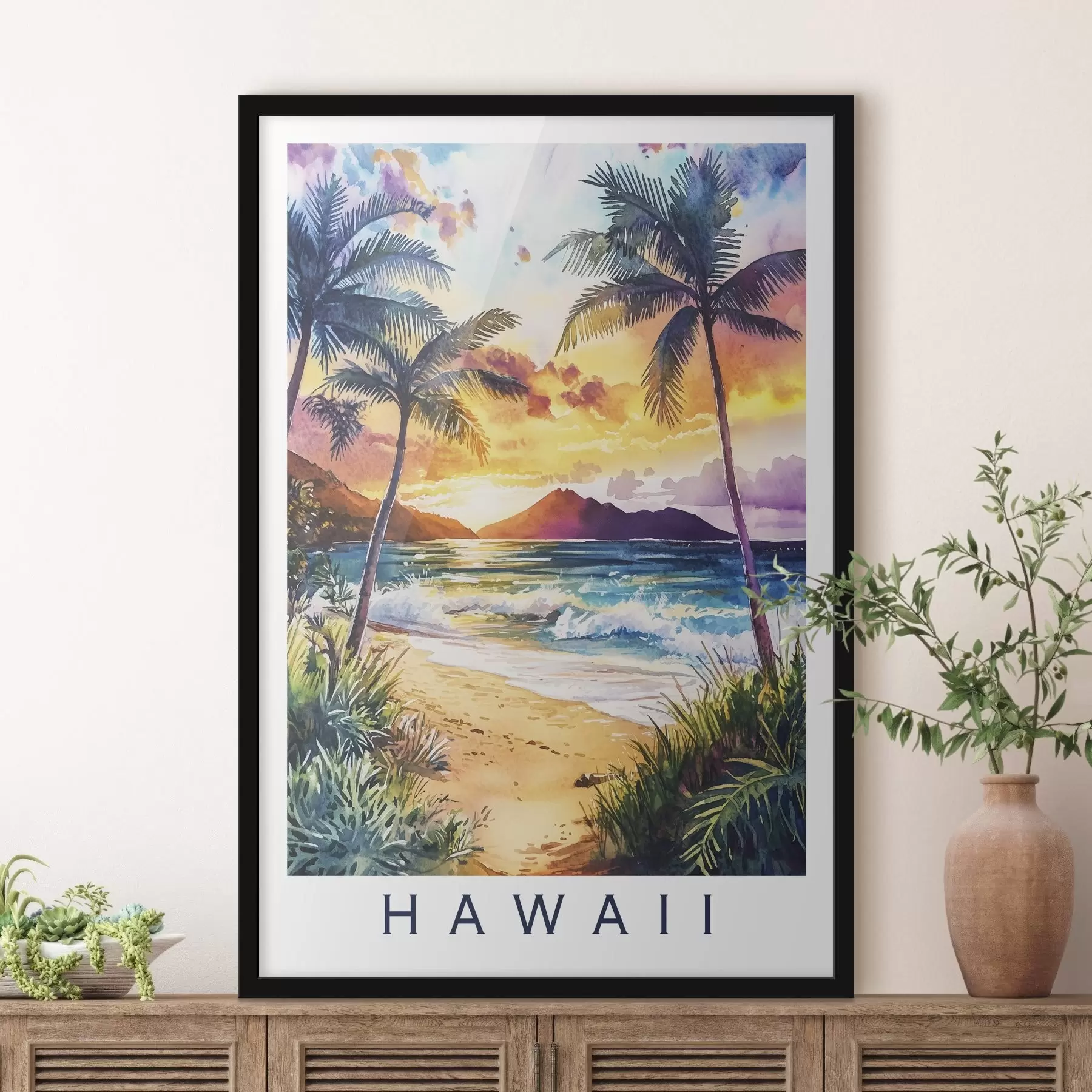 Obraz Západ slunce na ostrově Hawaii, palmy, oceán, barevná obloha, akvarelový styl Č. f44142