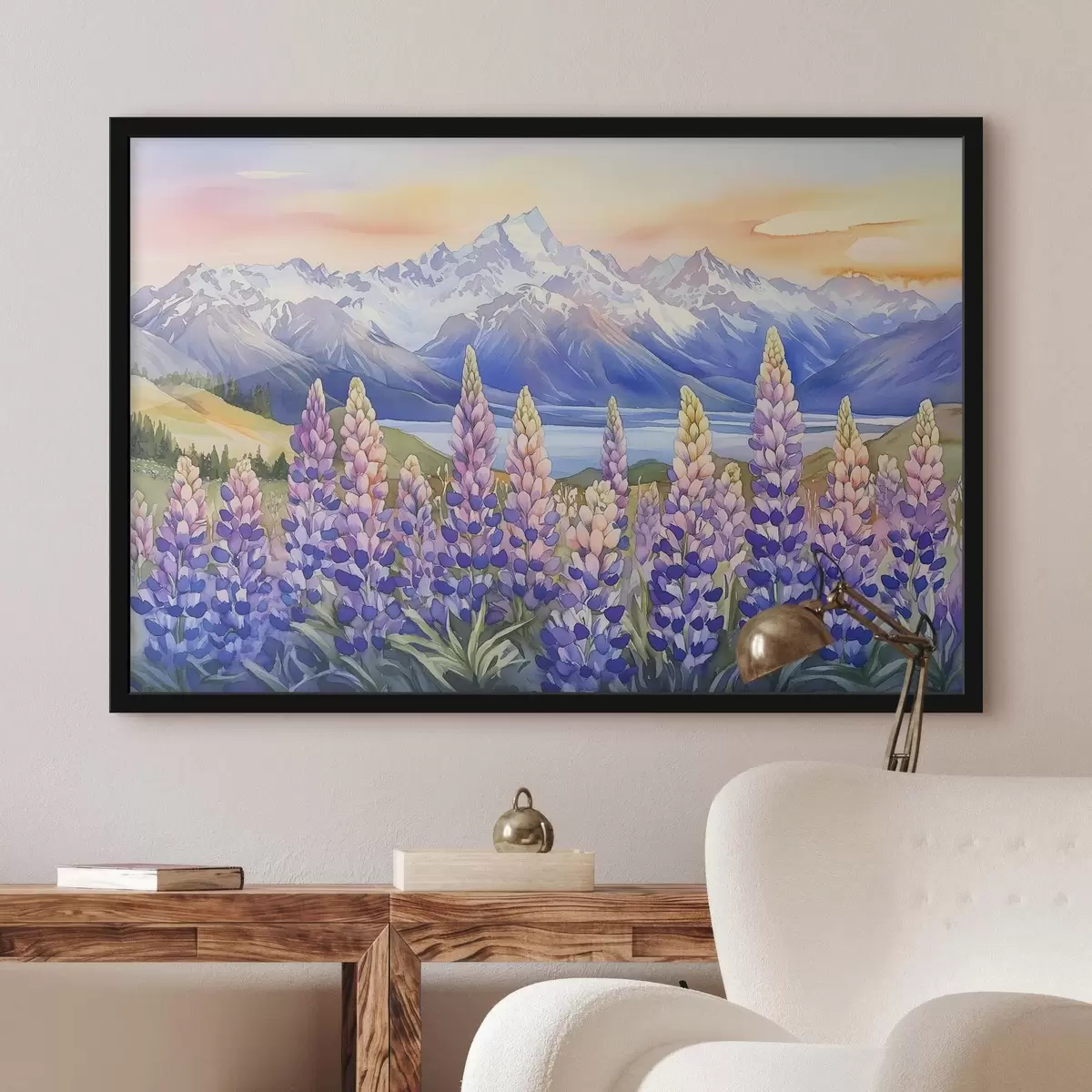 Poster Lupinové květy, louka, hory, akvarel, obloha při západu slunce f44146