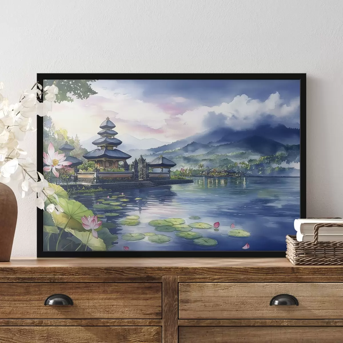 Poster Indonéský ostrov, chrám, buddhismus, tropická příroda, akvarel f44148