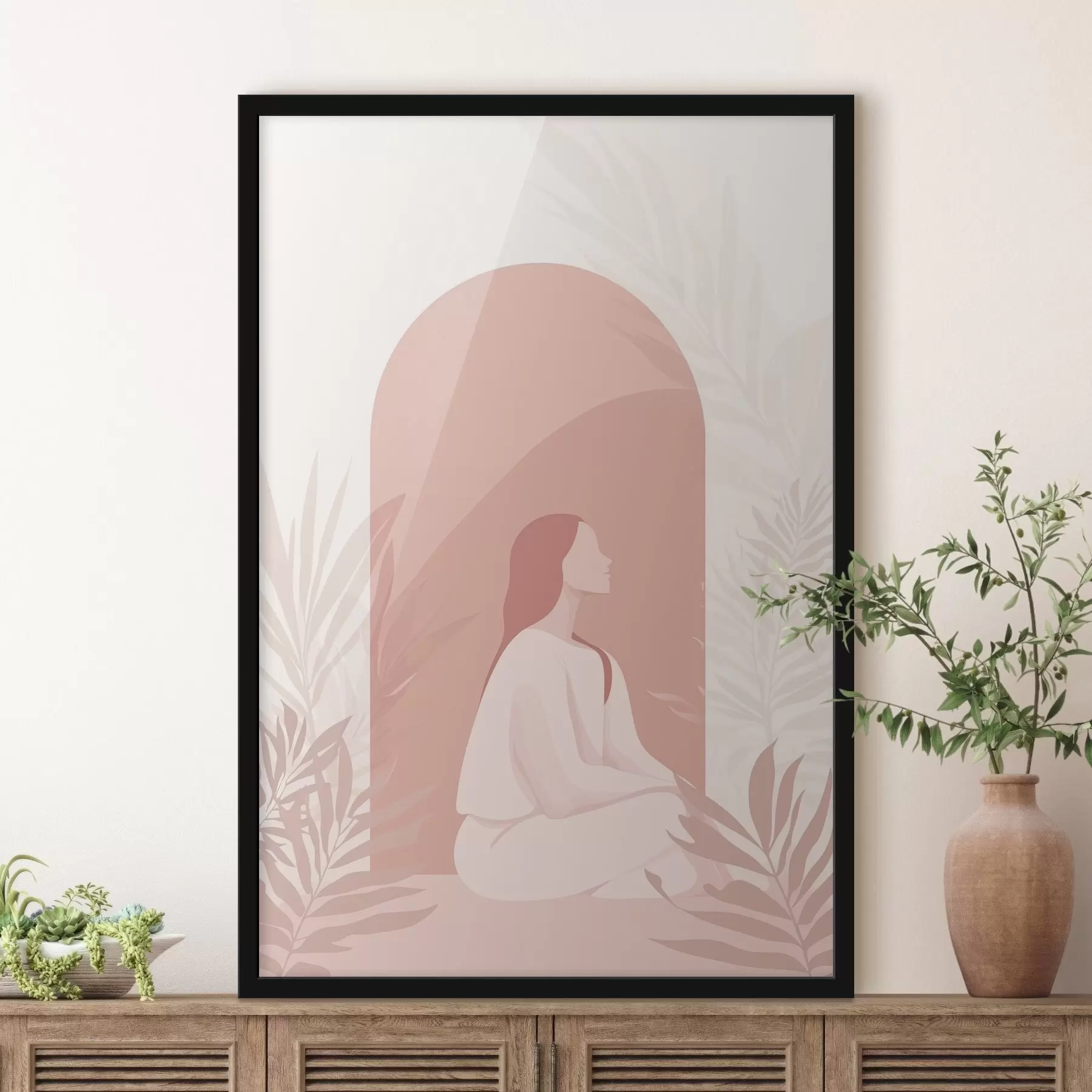 Fototapet Žena v meditaci, plochý styl, tropické rostliny, růžové barvy f44154