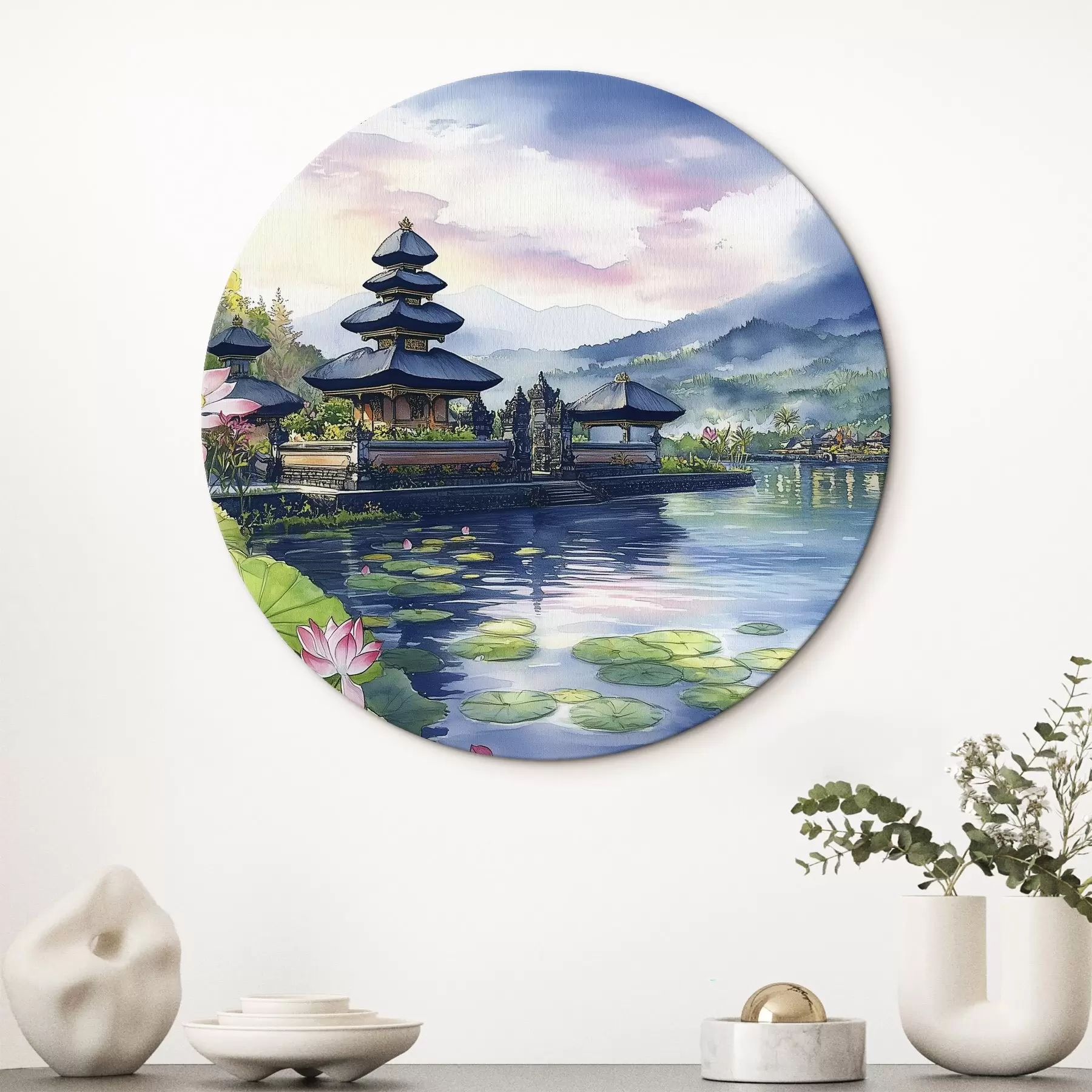 Obraz Indonéský ostrov, chrám, buddhismus, tropická příroda, akvarel Č. r44148