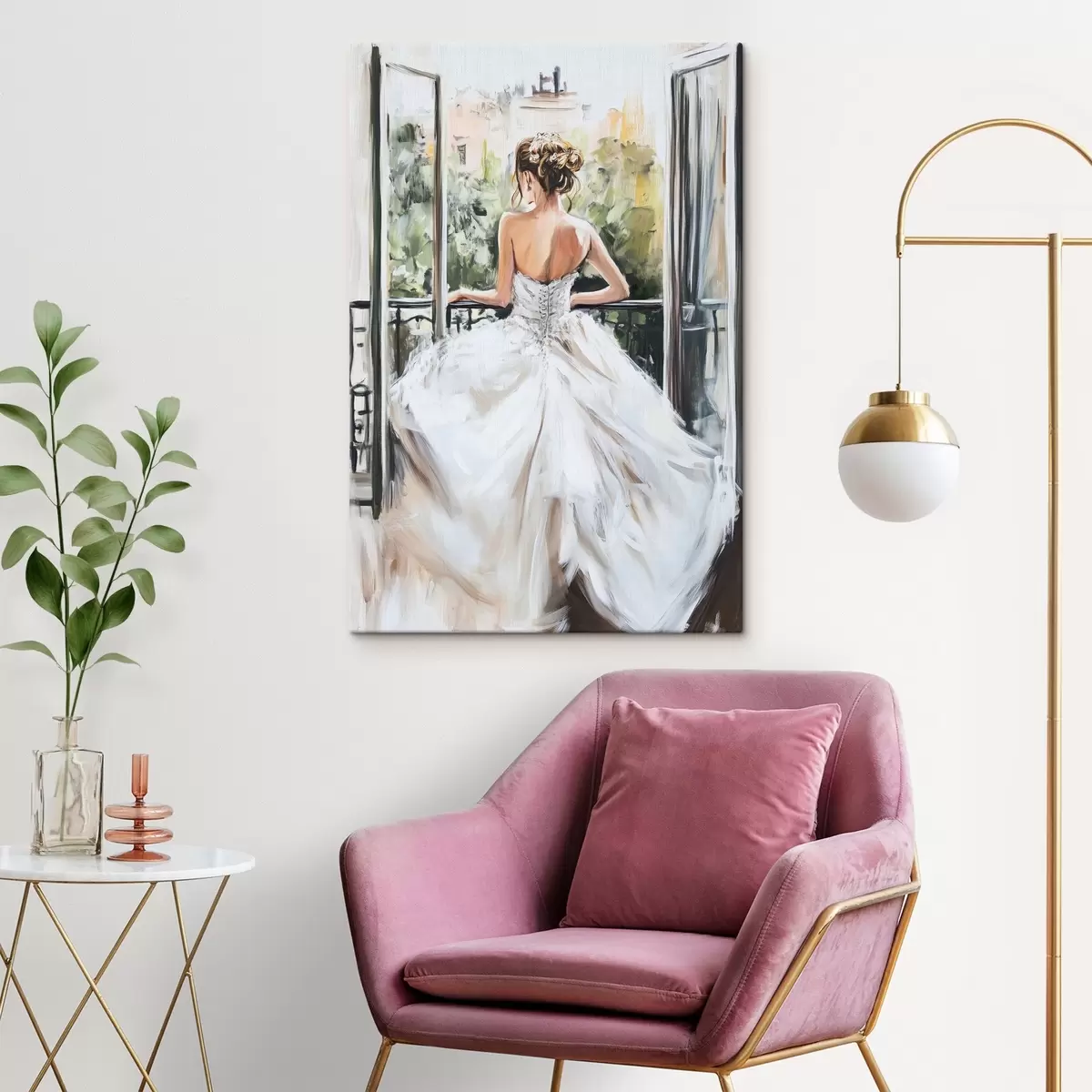 Obraz Dívka v bílých šatech na balkoně Č. s44226