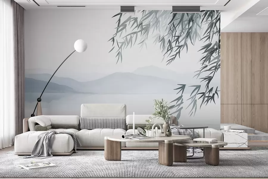 Fototapet Bambusové listy visící nad jezerem s horami v pozadí, jemné modré a bílé tóny, styl malby vymýváním tuší w09048