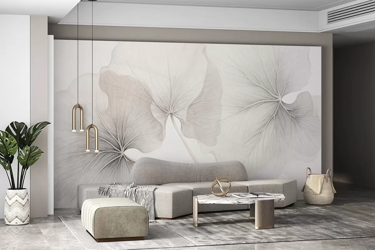 Fototapet Tři průsvitné listy s viditelnými žilkami, se šumovou strukturou, které se mírně překrývají, s tenkými stonky na bílém pozadí w09052