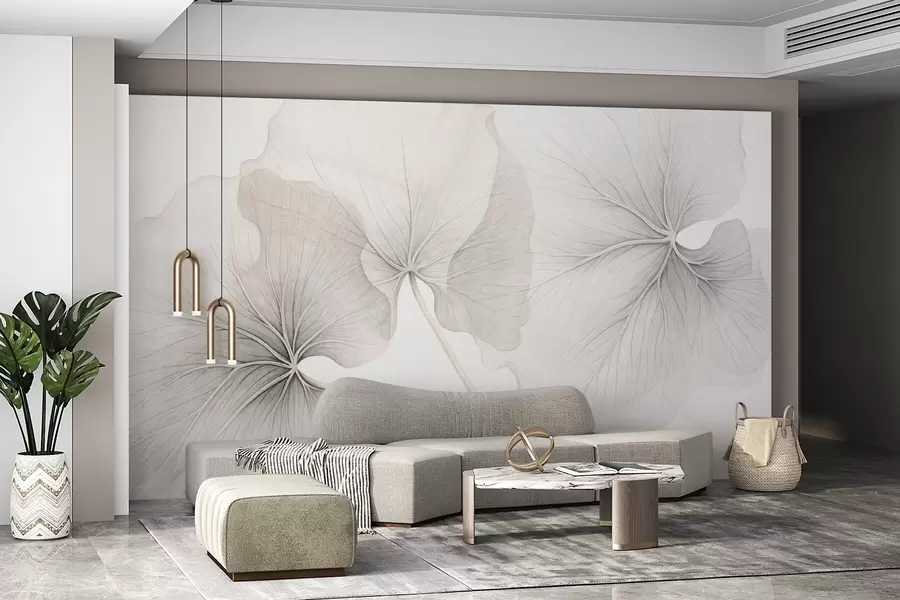 Fototapet Tři průsvitné listy s viditelnými žilkami, se šumovou strukturou, které se mírně překrývají, s tenkými stonky na bílém pozadí w09052