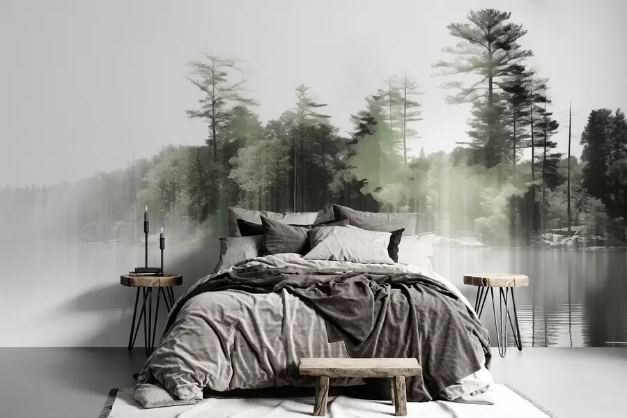 Fototapet Abstraktní minimalistická texturovaná krajina s jezerem a odrazy stromů ve vodě v zelených a bílých odstínech w09058