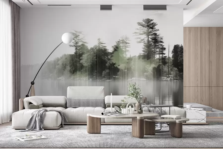 Fototapet Abstraktní minimalistická texturovaná krajina s jezerem a odrazy stromů ve vodě v zelených a bílých odstínech w09058