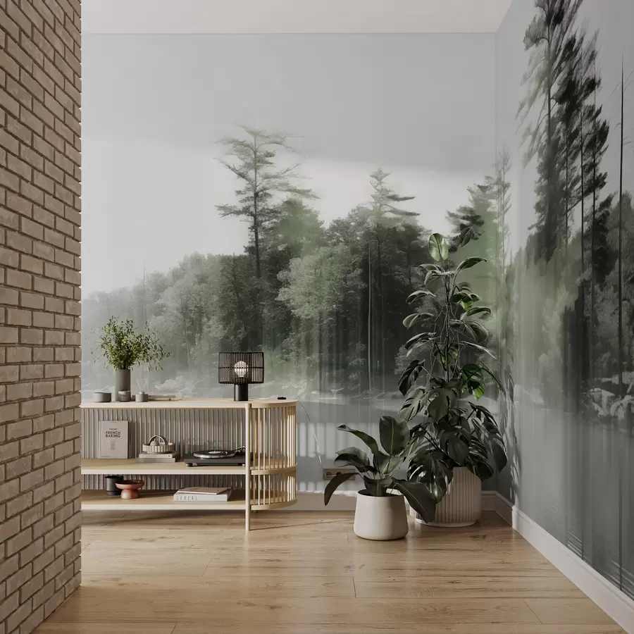 Fototapet Abstraktní minimalistická texturovaná krajina s jezerem a odrazy stromů ve vodě v zelených a bílých odstínech w09058