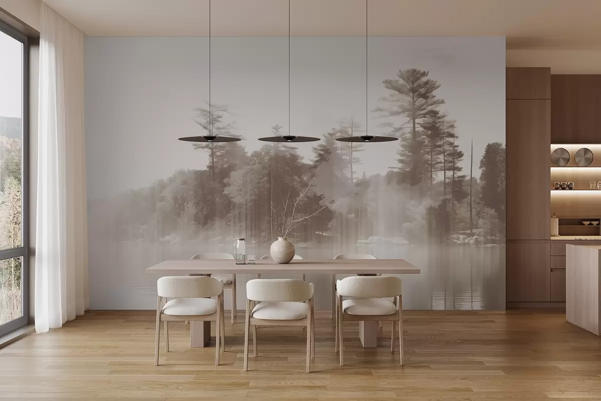 Fototapet Abstraktní minimalistická texturovaná krajina s jezerem a odrazy stromů ve vodě v béžových a bílých odstínech w09058v1