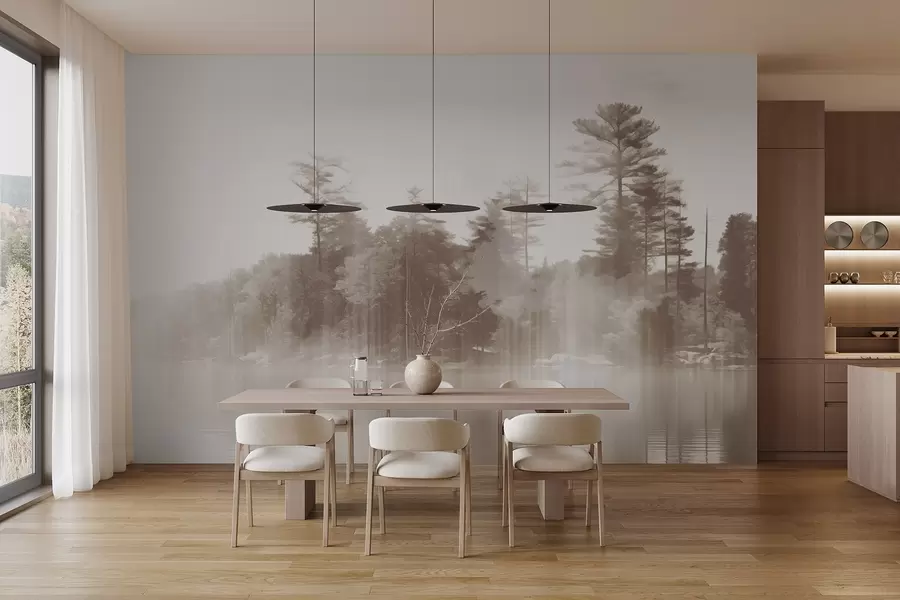 Fototapet Abstraktní minimalistická texturovaná krajina s jezerem a odrazy stromů ve vodě v béžových a bílých odstínech w09058v1