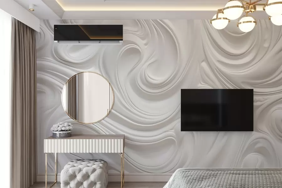 Fototapet Bílé abstraktní moderní umění s tekutými víry a vlnami, hladká textura, elegantní design, minimalistická estetika w09059