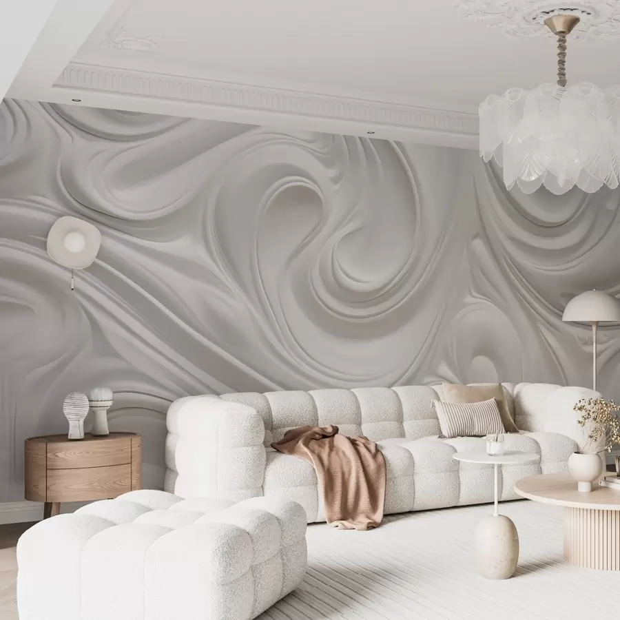 Fototapet Bílé abstraktní moderní umění s tekutými víry a vlnami, hladká textura, elegantní design, minimalistická estetika w09059