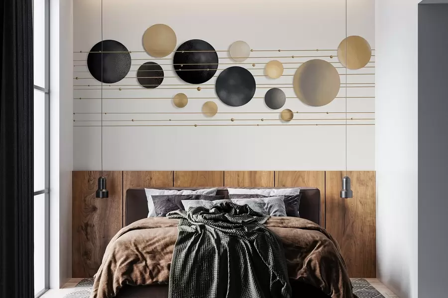 Fototapet Abstraktní moderní design s texturovanými kruhy v bílých, žlutých a šedých tónech, propojené tenkými liniemi, minimalistické umění  w09060
