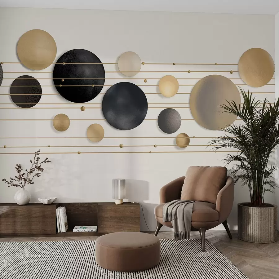 Fototapet Abstraktní moderní design s texturovanými kruhy v bílých, žlutých a šedých tónech, propojené tenkými liniemi, minimalistické umění  w09060