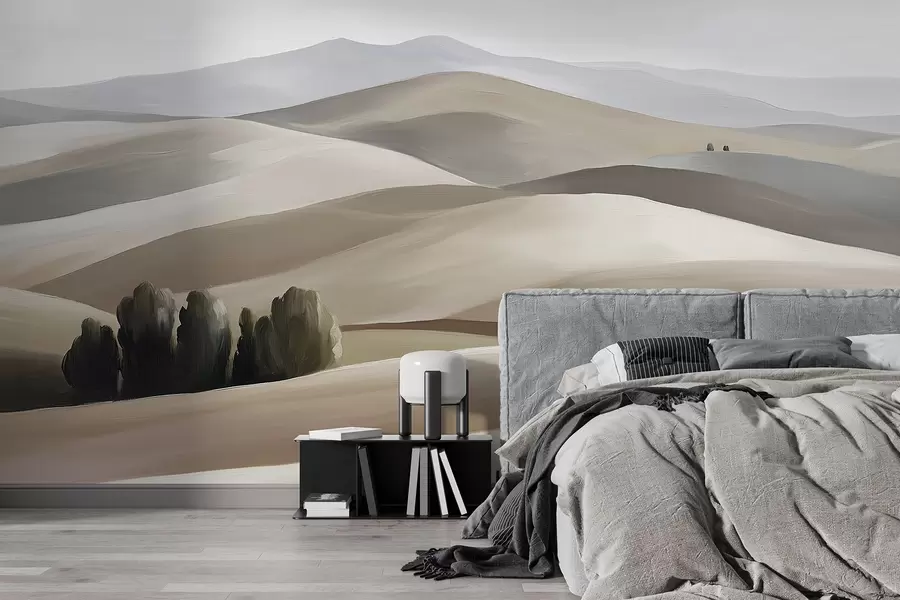 Fototapet Krajiny se stromy, Toskánsko, béžové a šedé barvy, olejový styl w03880v1