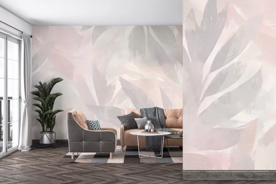 Fototapet Tropické listy, květinové, palmy, pastelový styl, růžové a béžové barvy w03881