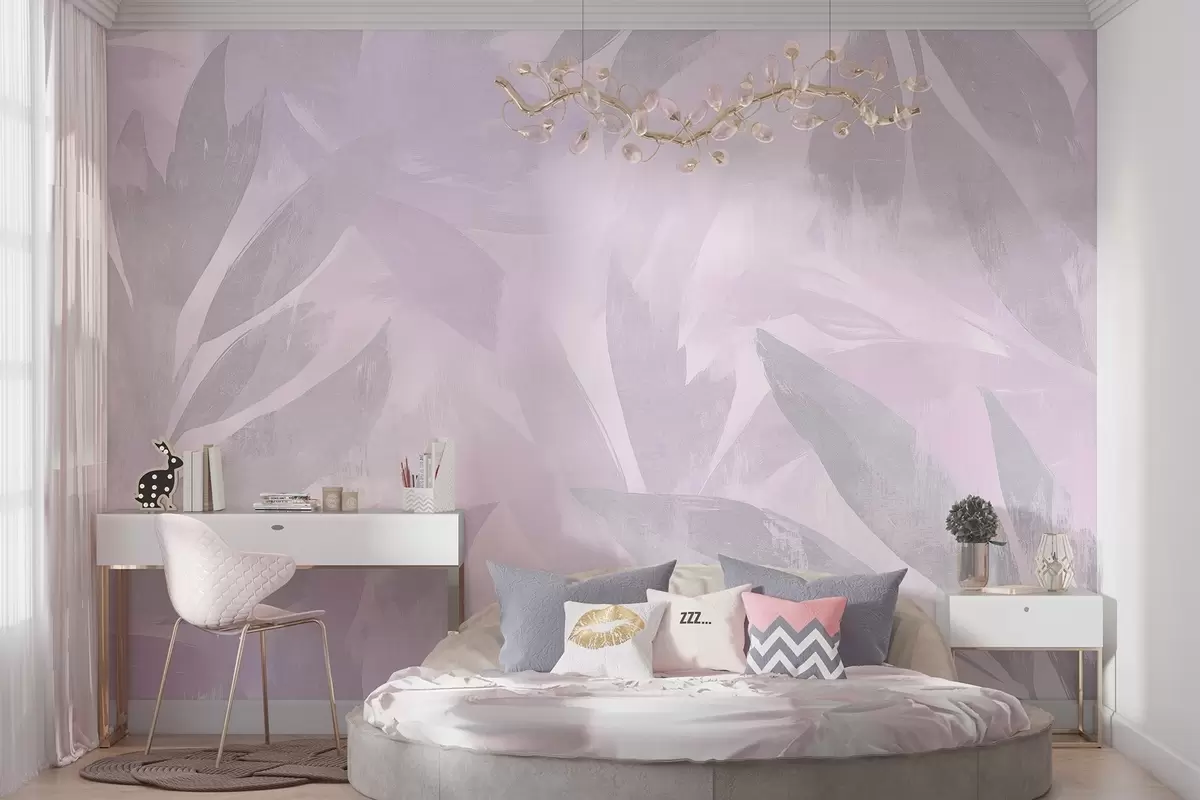 Fototapet Tropické listy, květinové, palmy, pastelový styl, fialové barvy w03881v1