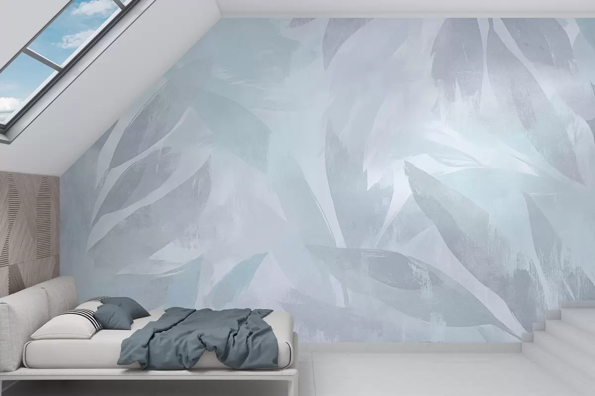 Fototapet Tropické listy, květinové, palmy, pastelový styl, modré barvy w03881v2