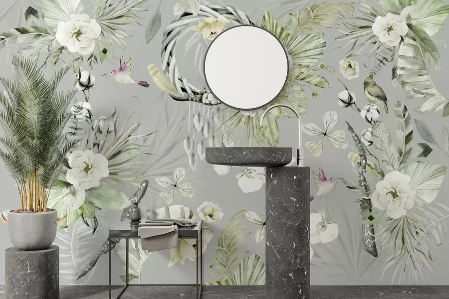 Fototapet Ozdoba v boho stylu s květy pivoněk a ptáky, akvarelový styl, zelené barvy w03885v2