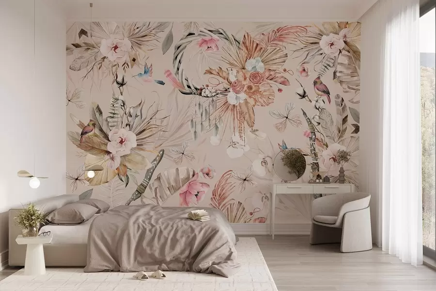 Fototapet Ozdoba v boho stylu s květy pivoněk a ptáky, akvarelový styl, jemné barvy w03885v3