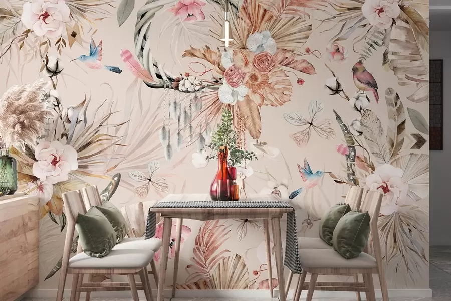 Fototapet Ozdoba v boho stylu s květy pivoněk a ptáky, akvarelový styl, jemné barvy w03885v3