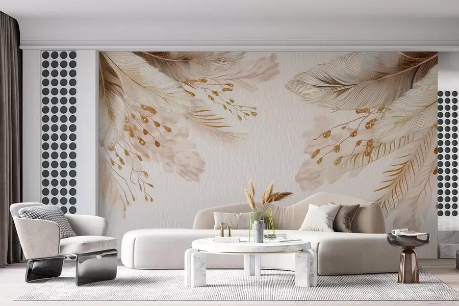 Fototapet Akvarelová tráva a peří v béžové a bílé barvě na papíře w09079