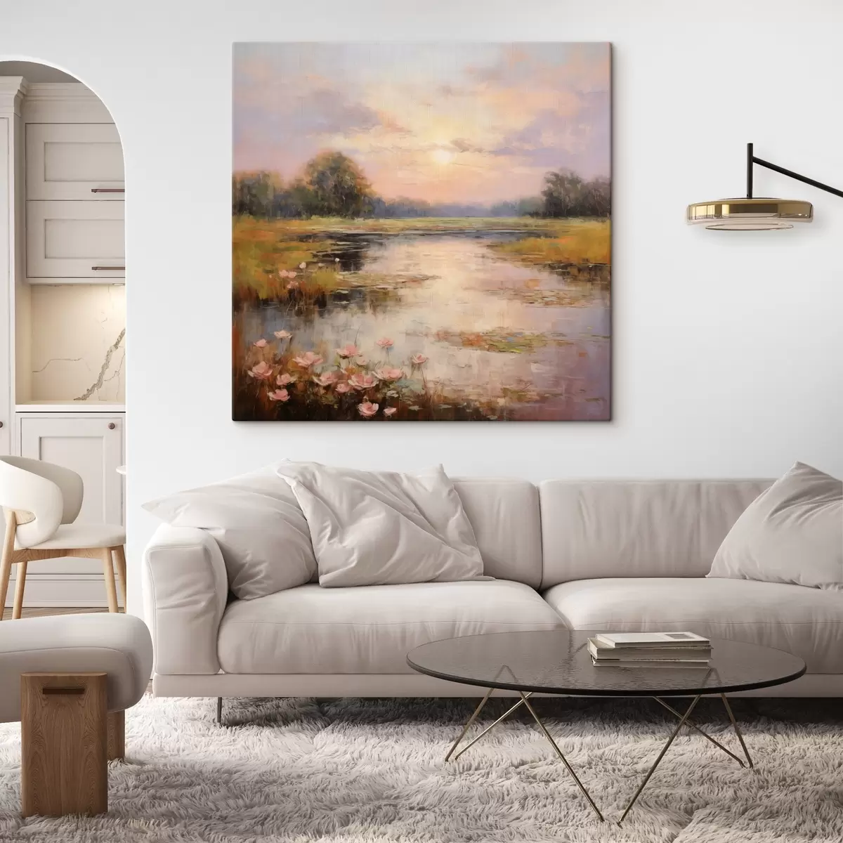 Obraz Vodní plocha s květinami při západu slunce Č. s44044