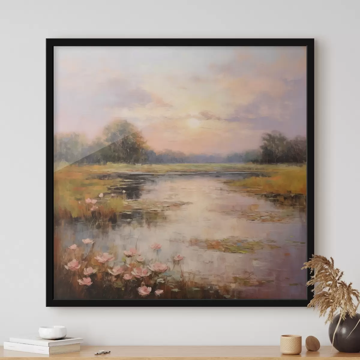 Poster Vodní plocha s květinami při západu slunce f44044