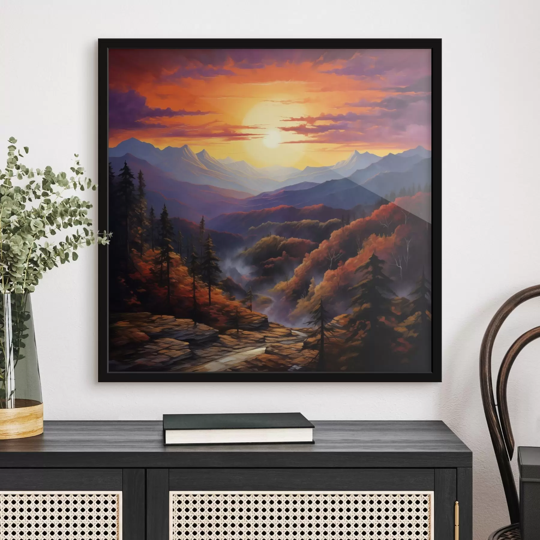 Fototapet Les a hory při západu slunce f44045