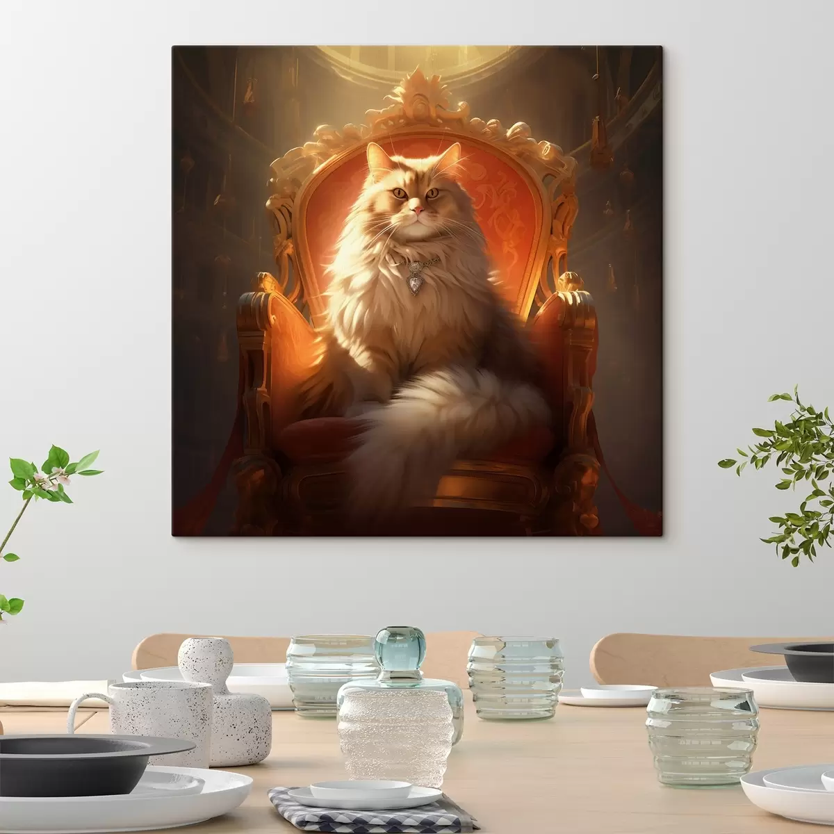 Obraz Královská kočka s jantarovýma očima na trůnu v paprscích slávy v barokním stylu Č. s44250