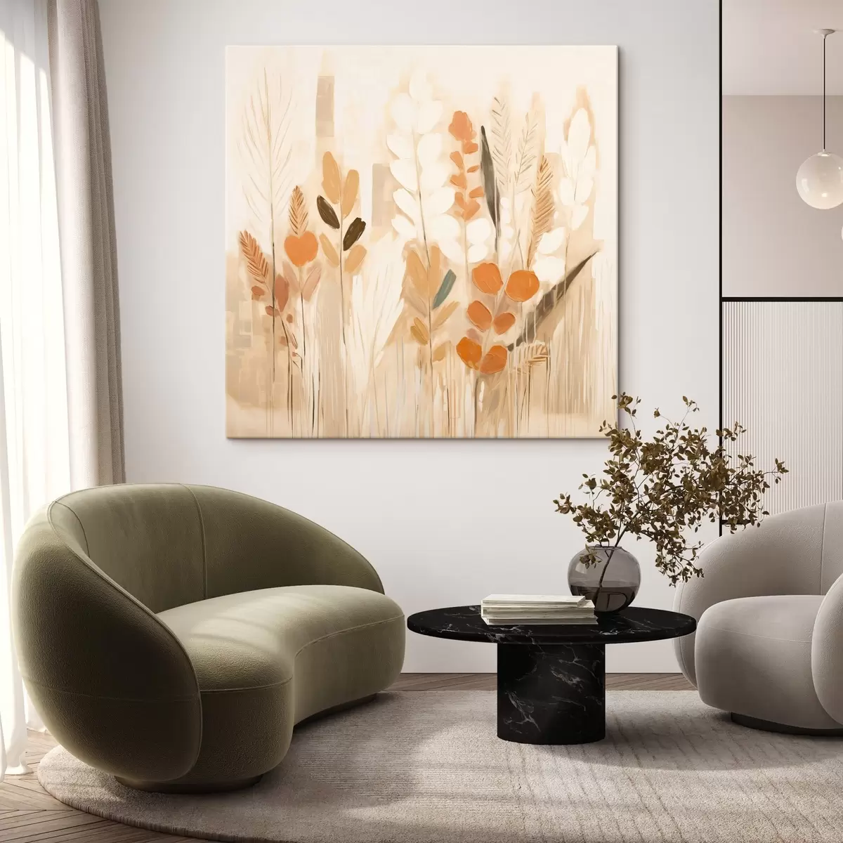 Obraz Teplá abstrakce s polními travinami a květinami v béžovo-oranžové paletě v secesním stylu Č. s44252