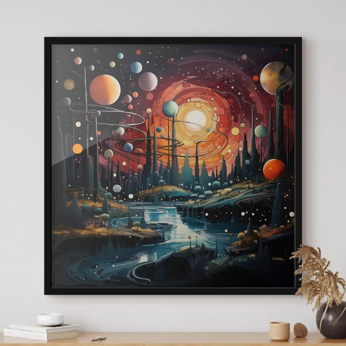 Poster Jasná a fantastická krajina cizího světa s planetami a řekou f44249