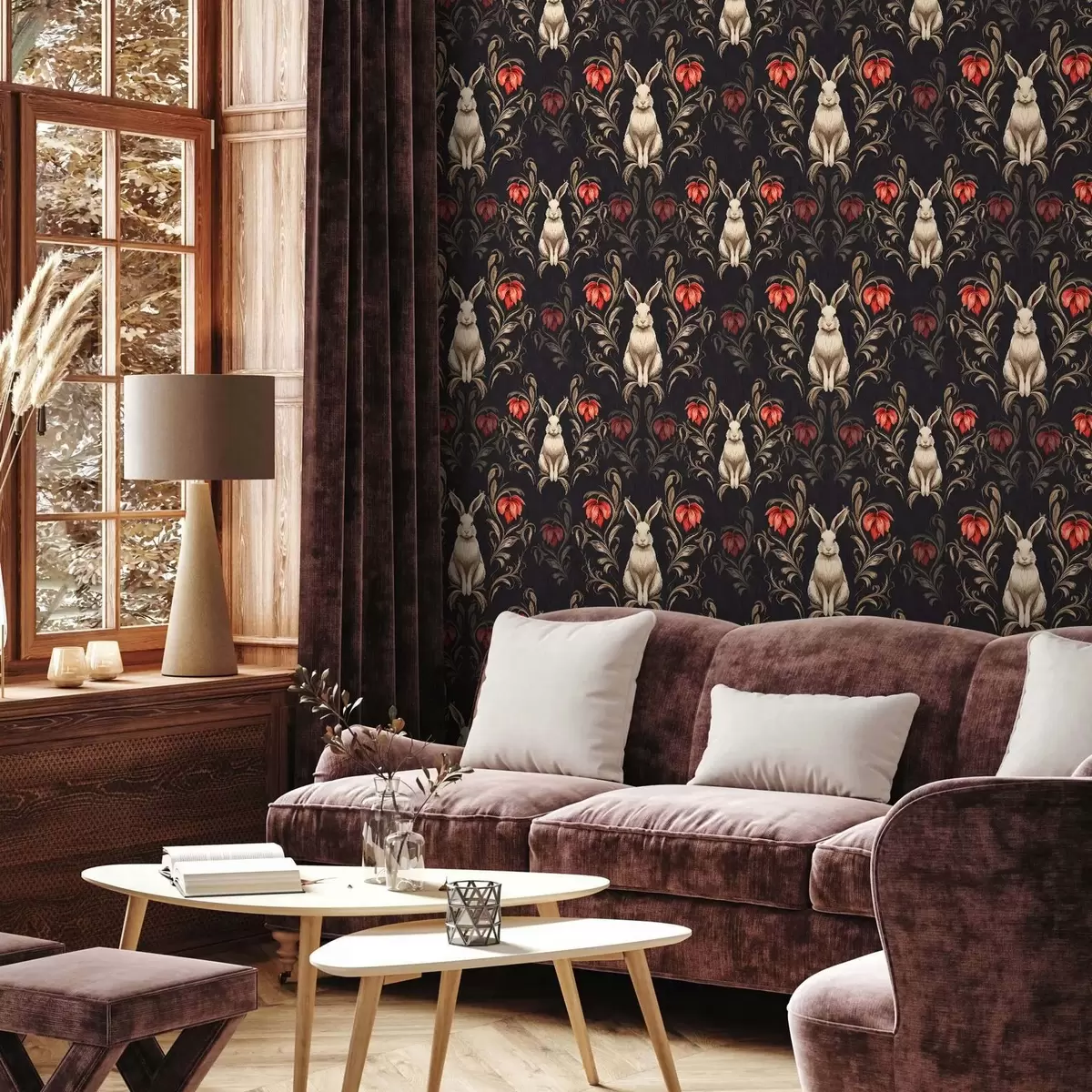 Tapety Zajíc a červené květy na tmavém pozadí a00102