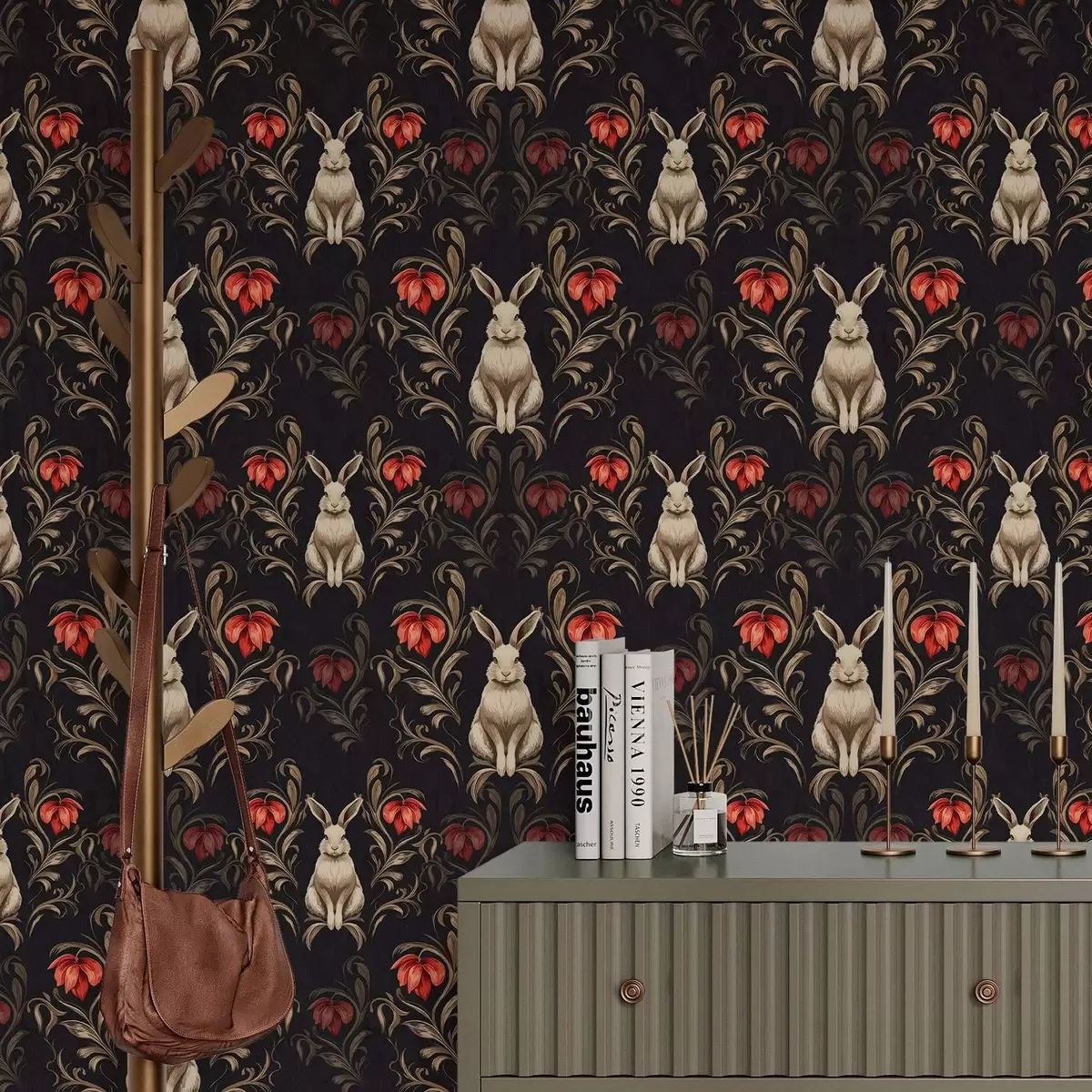 Tapety Zajíc a červené květy na tmavém pozadí a00102