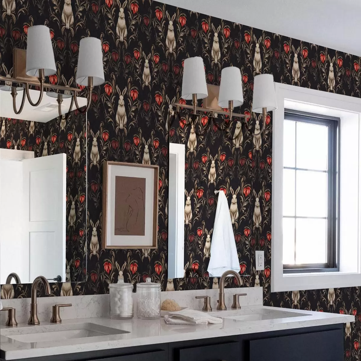 Tapety Zajíc a červené květy na tmavém pozadí a00102