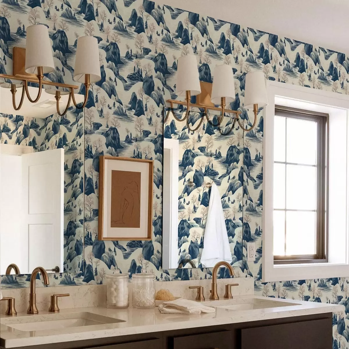 Tapety Zimní krajina s horskou řekou v modrých odstínech a00103