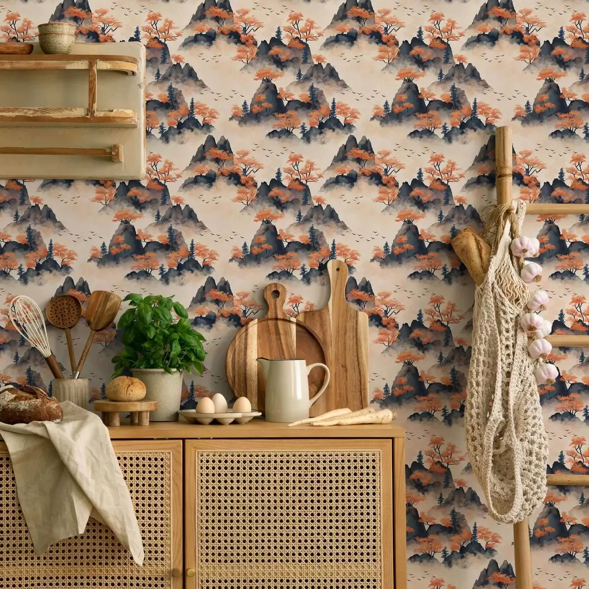 Tapety Podzimní hory v mlze s oranžovými stromy a ptáky a00104