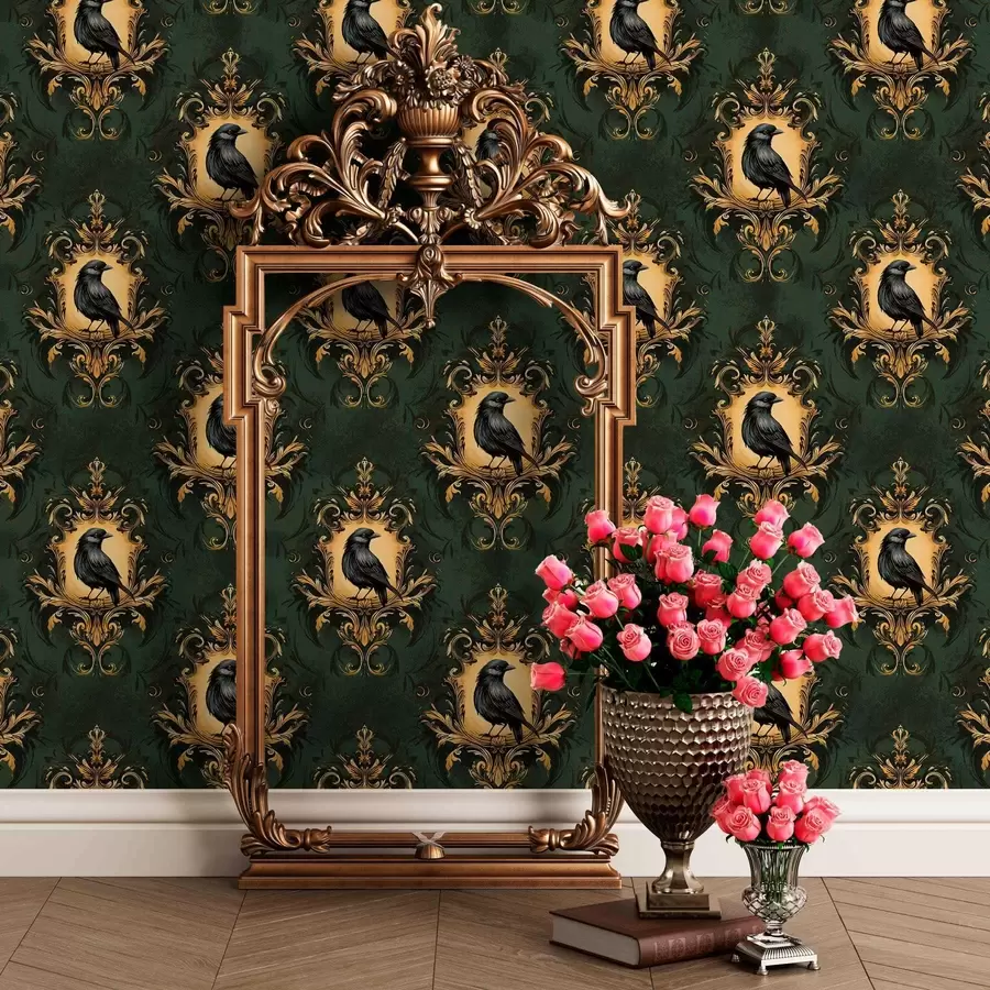 Fototapet Vrána v rámečku na zeleném pozadí a00105